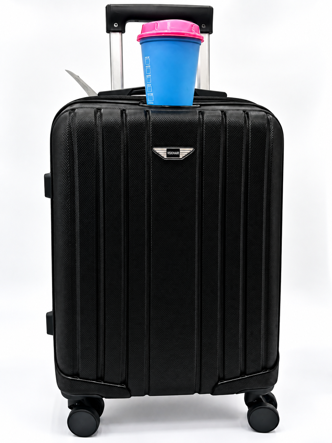 Black Beverage Pal carry-on luggage with patented built-in top cup holder