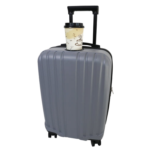 A gray carry-on suitcase with a built-in cup holder, with a cup placed on top of it, on a white background.